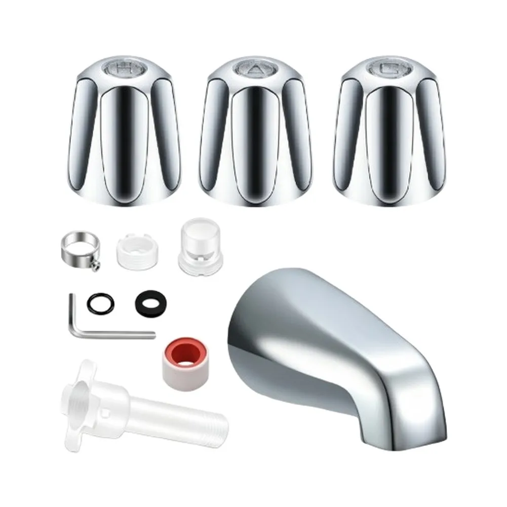 Chrome Finish Bathtub Faucet Trim Kit Includes Bath Spout Flanges Adapter and Three Knobs for Standard Valve Compatibility