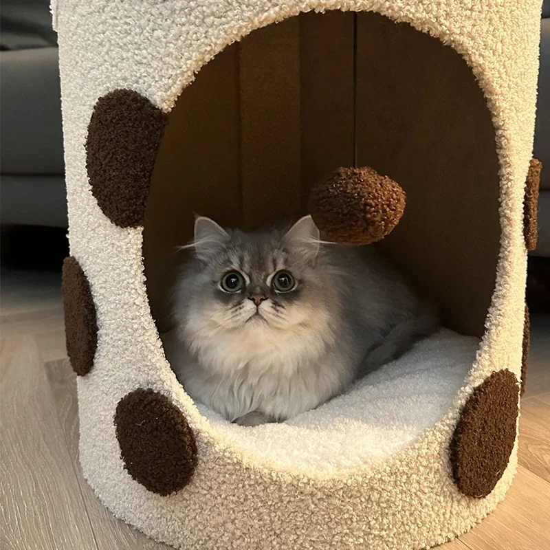 Bubble tea bucket cat nest is universal in all seasons, semi-closed in winter, warm and safe cat sleeping house