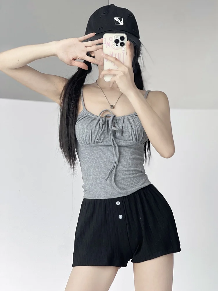 발레 소녀 매듭 화이트 스트랩 베스트 여성 여름 이너 핫걸 배꼽 노출 아우터웨어 스트릿 스타일 순수...