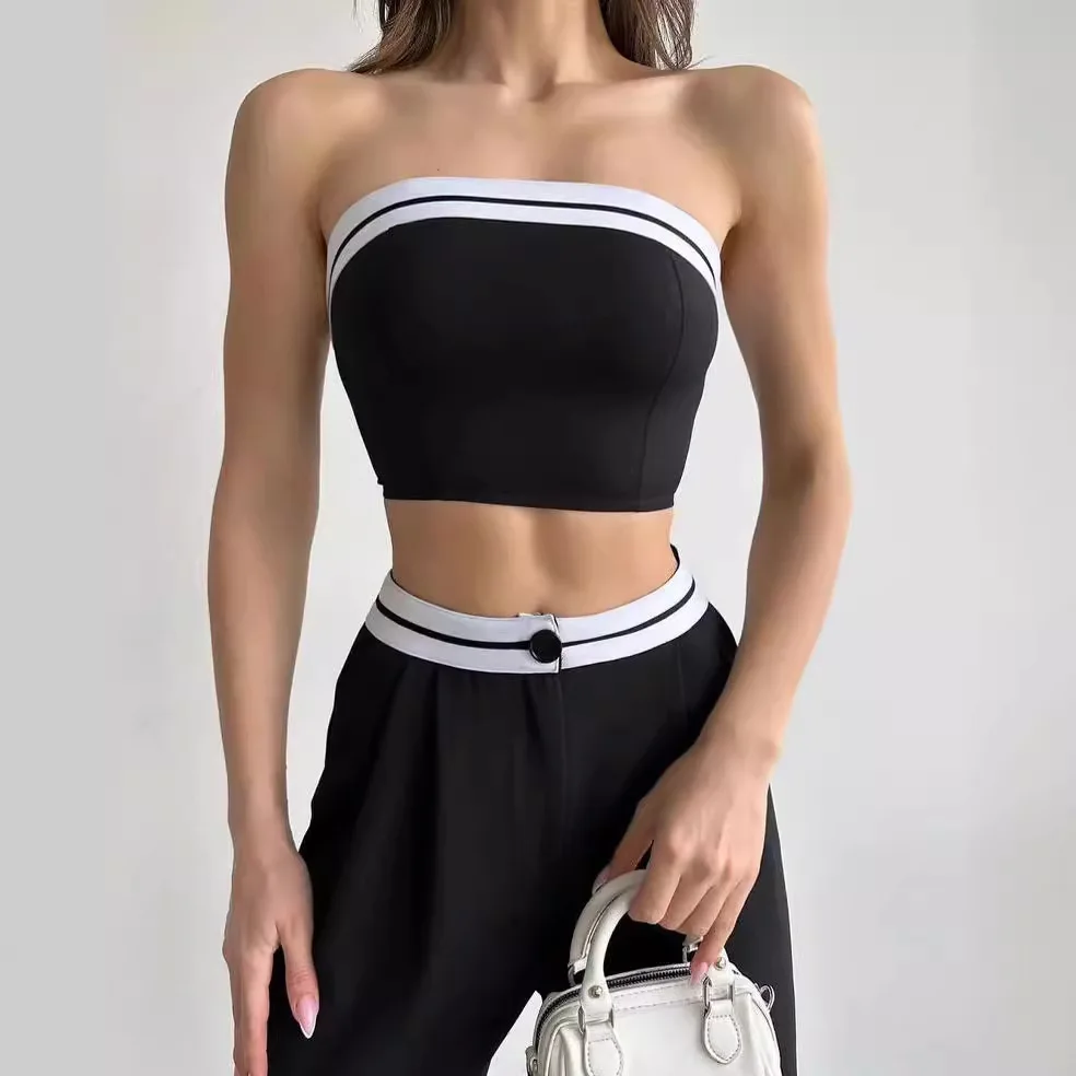 Women Contrasting Colors Pants Two Pieces Set Casual High Waist Pant+Tube Top Suit Y2k Street Fashion Sexy Slim Sports Outifits