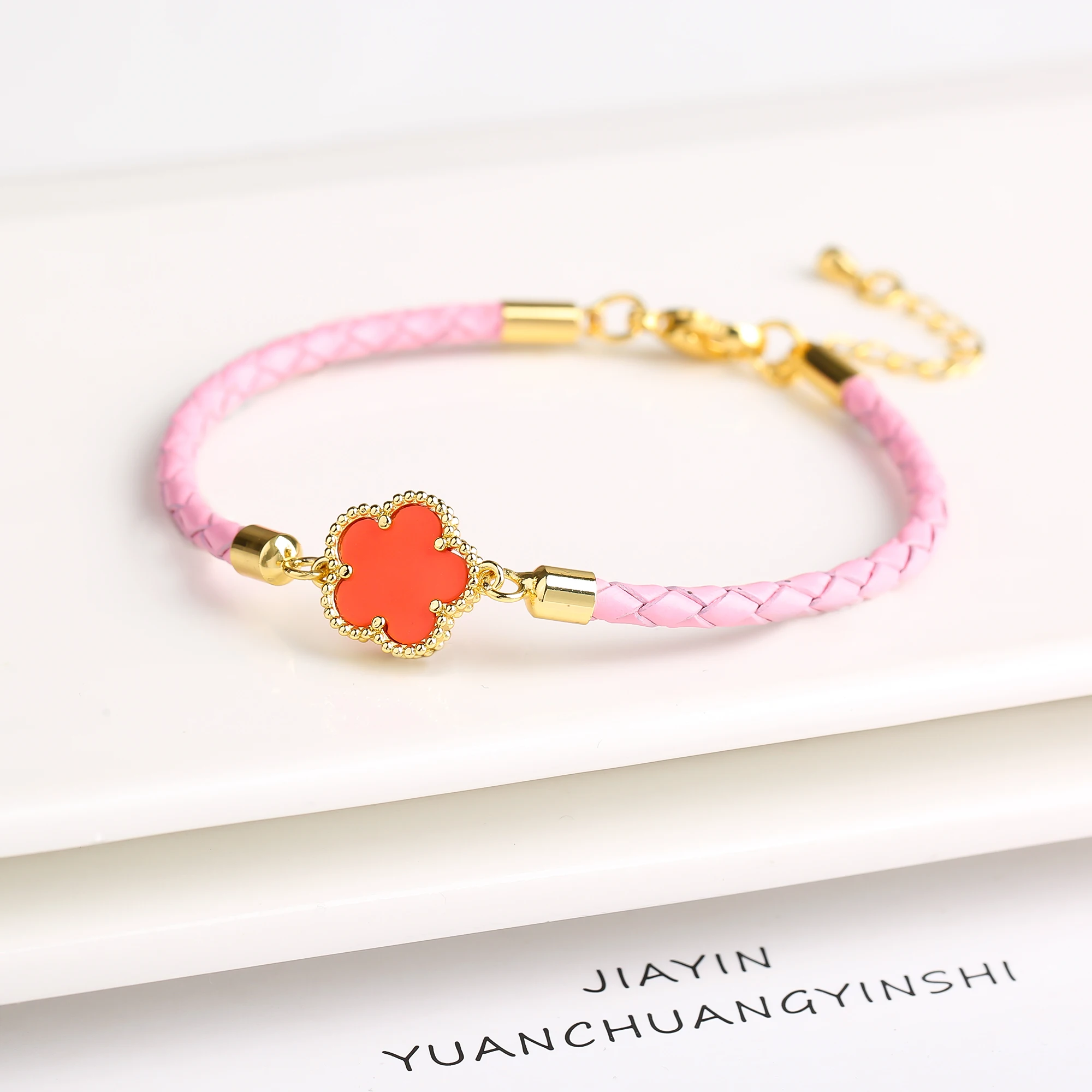 Classic Genuine Leather Woven Natural Stone Flower Charm Bracelet