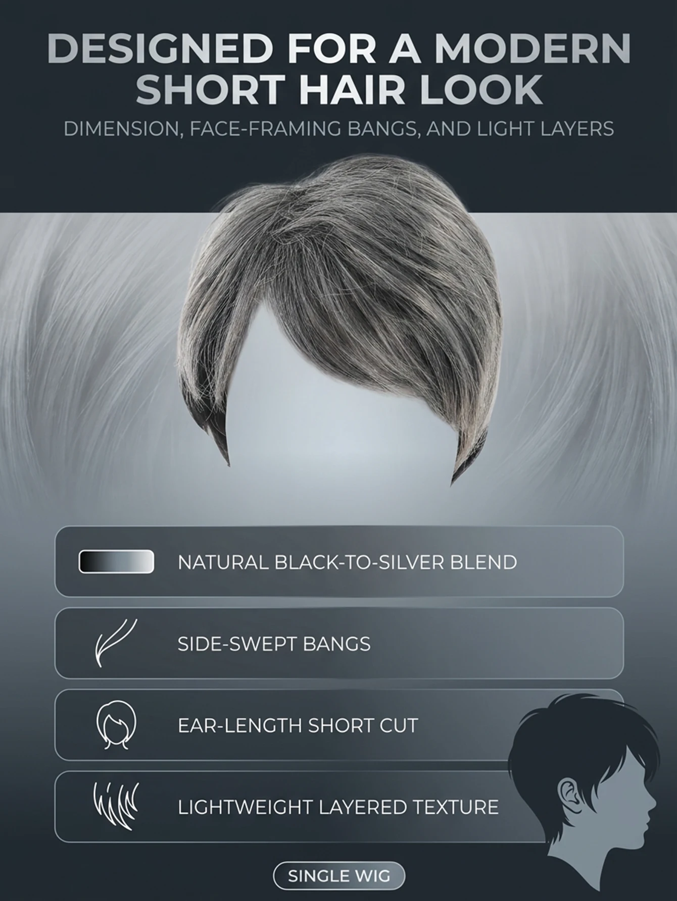 Gradient silver gray synthetic short hair mother headgear wig oblique bangs high-end hair set heat-resistant wig ﻿