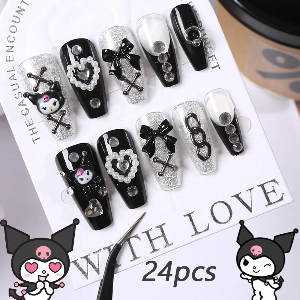 24Pcs Sanrio Kawaii Cute Kuromi Handmade Fake Nail With Bow Pearls Finished Ballet Press On Nails 3D Cartoon Anime False Nails