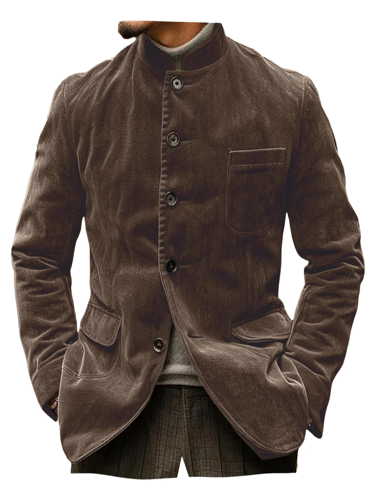 Men's Vintage Suede Blazer Slim Fit Multi-Button Stand Collar Jacket Retro Business Casual Outerwear Fashion Sport Coats