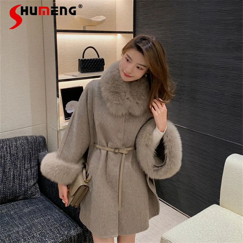 

2023 Autumn Winter New Top Faux Fox Fur Collar Advanced Reversible Cashmere Coat Women's Korean-Style Woolen Cape Shawl Jackets