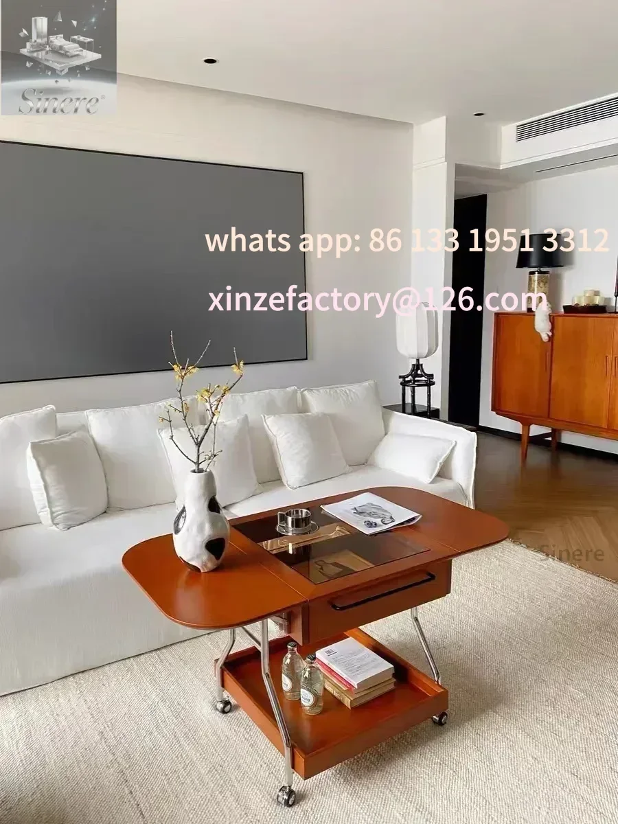 

Customizable Medieval style mobile coffee table, solid wood, retro Nordic folding home side table, small living room storage car