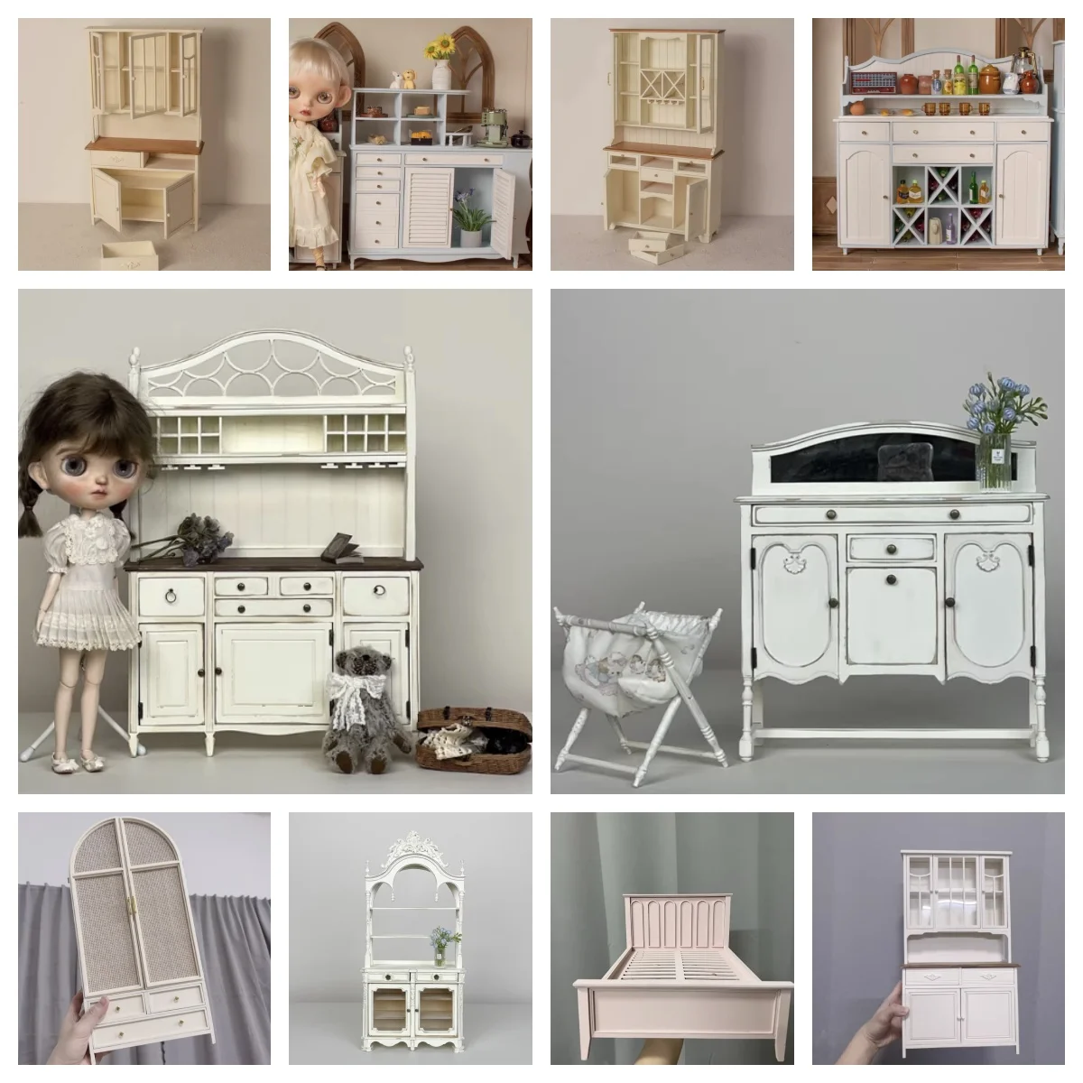 

1/6 Dollhouse Mini Furniture | French Amer Vintage Cream Country Style| DIY/Finished 28SKUs Handmade Glass Cabinet Storage Decor