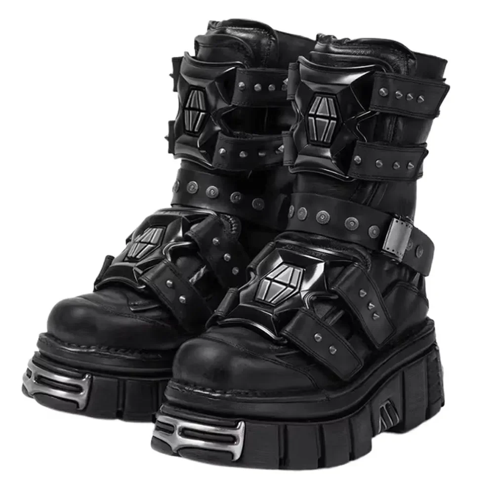 Men's Fashion Genuine Leather Motorcycle Boots Metal Punk Mid-calf Platform Rivet Male Black Designer Western Boots Non-Slip