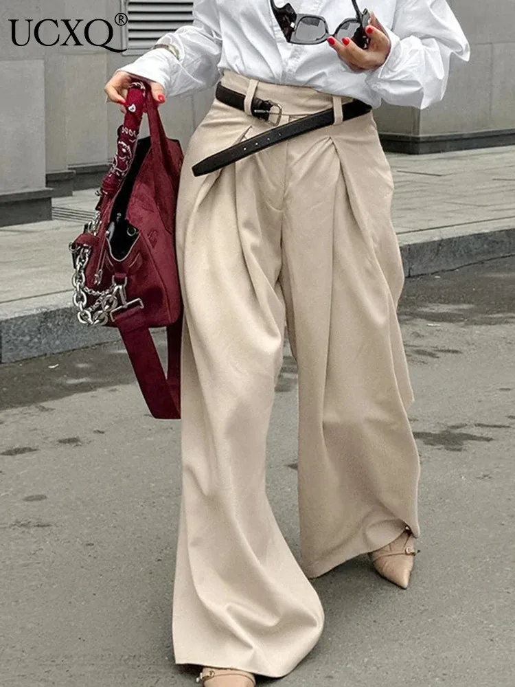 

UCXQ Elegant Wide Leg Pants European Style High Waist Khaki All Match Loose Casual Floor Trouser Women 2024 Spring Autumn 3A9922