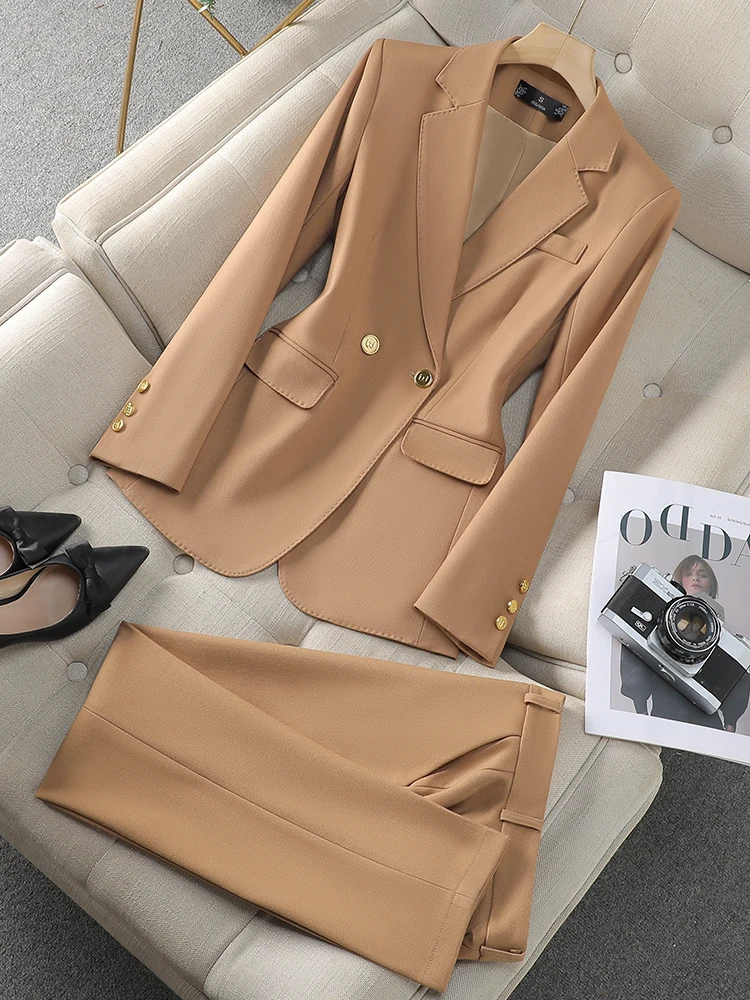 

Khaki Beige Black Solid Women Pant Suit 2 Piece Set Ladies Female Business Work Wear Formal Blazer Jacket And Trouser