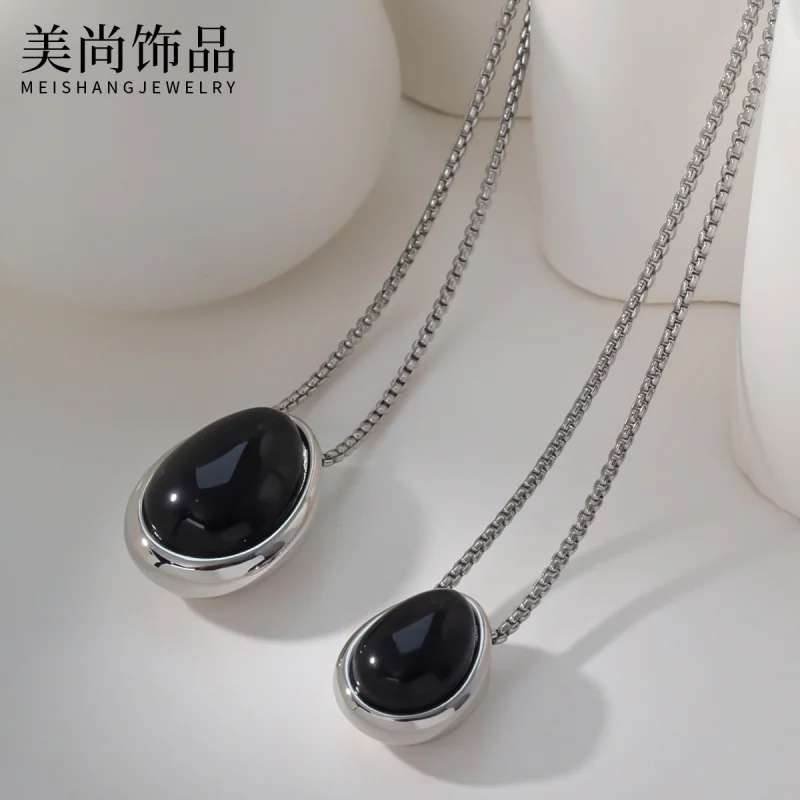 New Obsidian Double-Sides Big and Small Egg-Shaped Pendant Sweater Chain Special-Interest Design High-Grade Fashion All-Match Cl