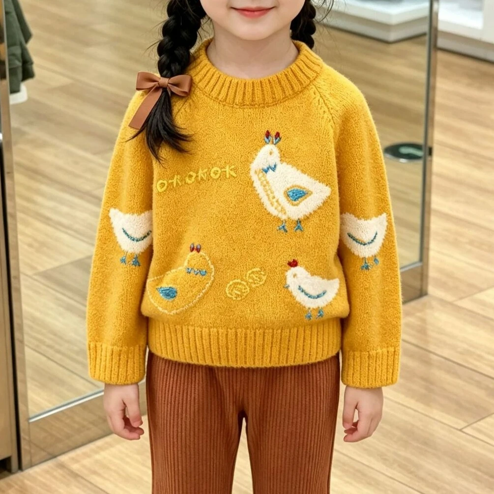 2026 Autumn Winter Kids Sweater Cartoon Chick Embroidery Cute Jacquard Knit Pullover Casual Warm Tops for Baby Boys and Girls
