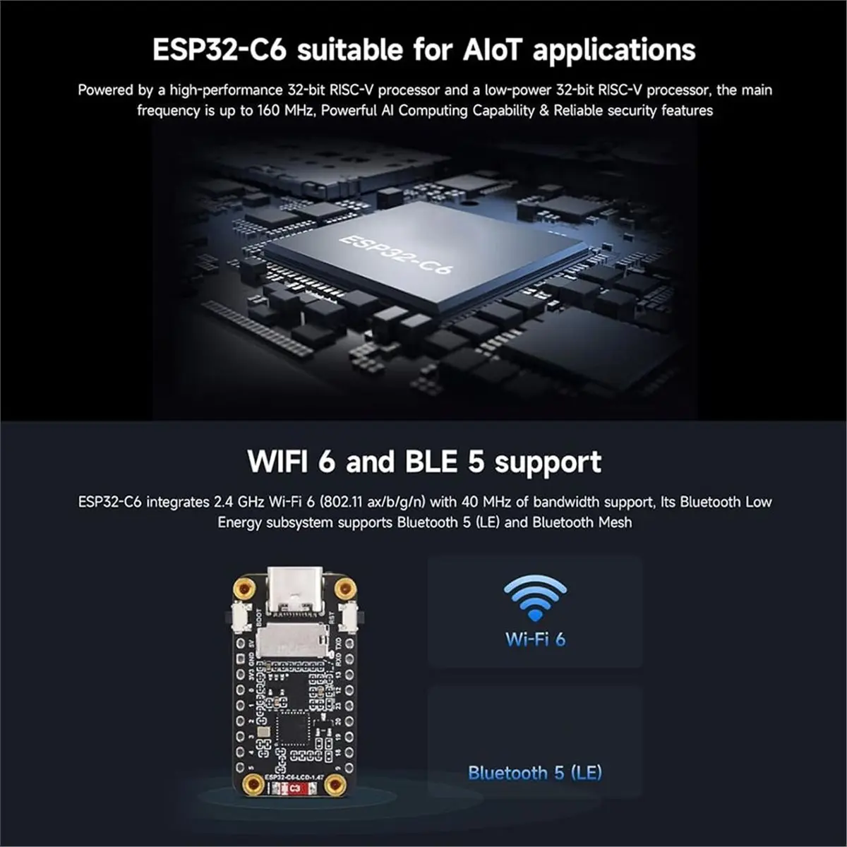 -C6 1.47inch LCD Display Development Board 172x320 RGB LED WiFi6 BLE5 Dev Board with Pinheader