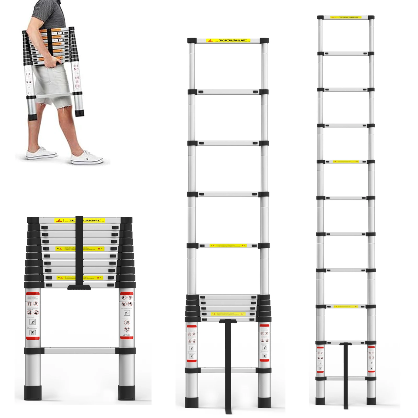 سلم تصغير 2.6/3.2/3.8 متر، سلم تمديد خفيف الوزن من الألومنيوم، تحميل 150 كجم، سلم قوي غير قابل للانزلاق للاستخدام الداخلي في الهواء الطلق
