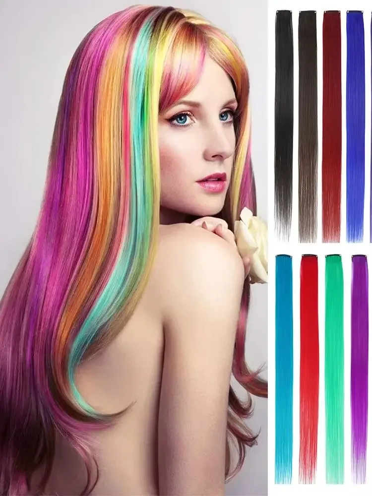 Colored Highlight 22 Inch Synthetic Hair Extensions Rainbow Long Straight Hairpieces for Women Kids Girls Purple Pink Blue