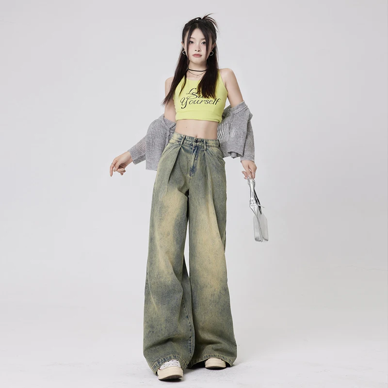

Women Blue Y2k Baggy Cargo Jeans Harajuku Vintage Wash Denim Trouser Japanese 2000s Style Oversize Boyfriend Jeans Pants Autumn