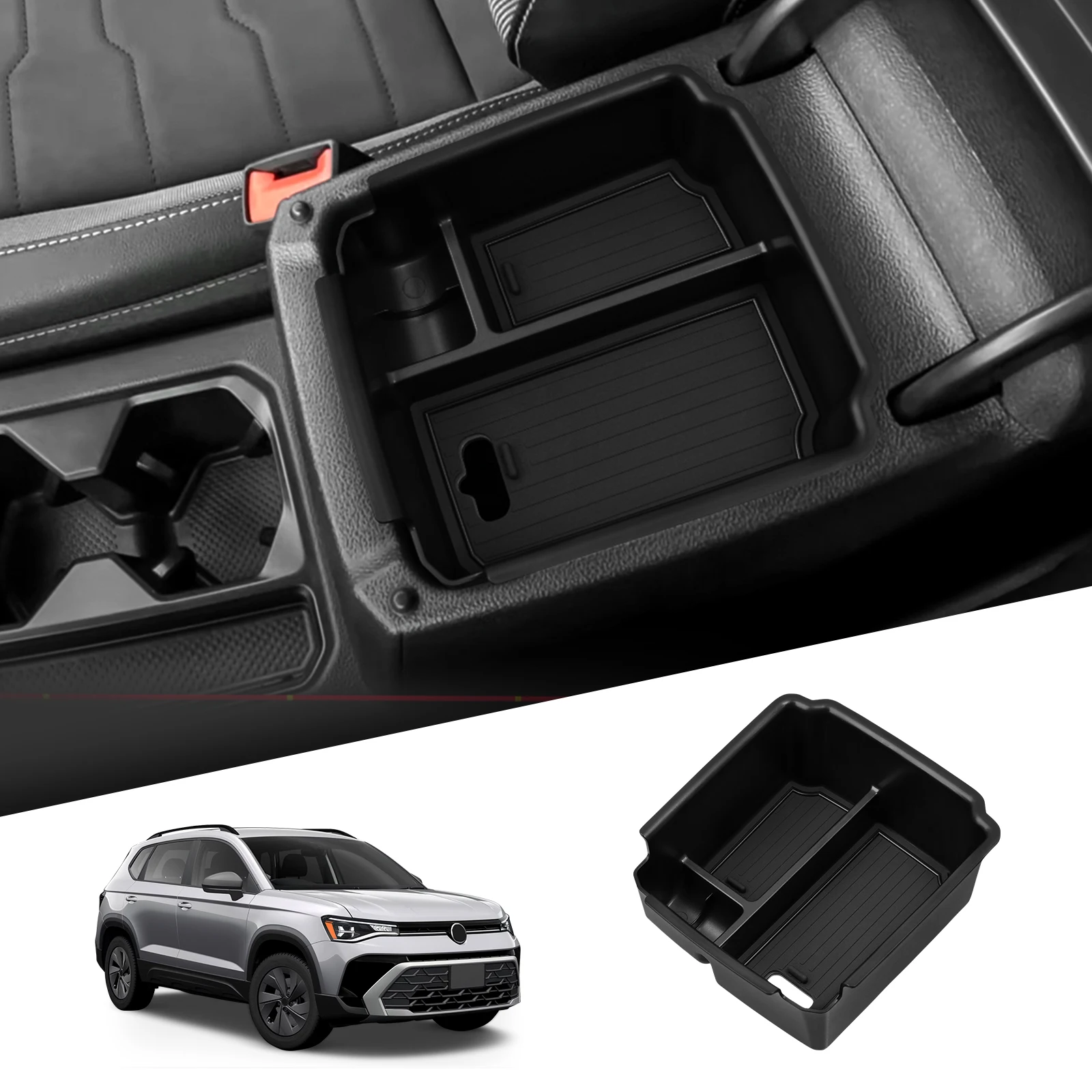 LUCKEASY for Volkswagen Taos 2022-2026 Central Armrest Storage Box ABS Stowing Tidying Car Tray Organizer Accessories Black