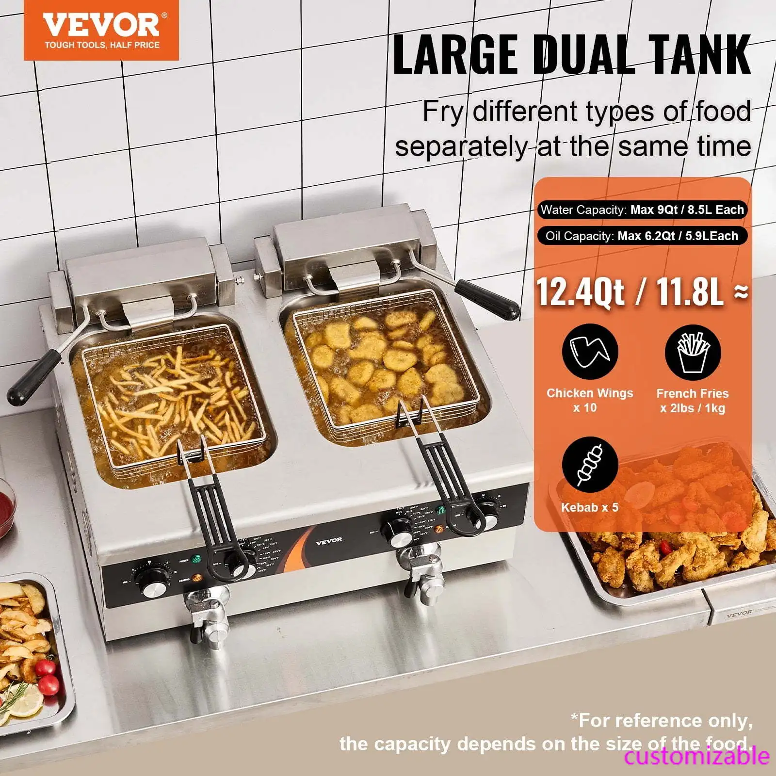 

Commercial Electric Deep Fryer Countertop Fryer 3500W Dual Tank 2x9Qt/8.5L