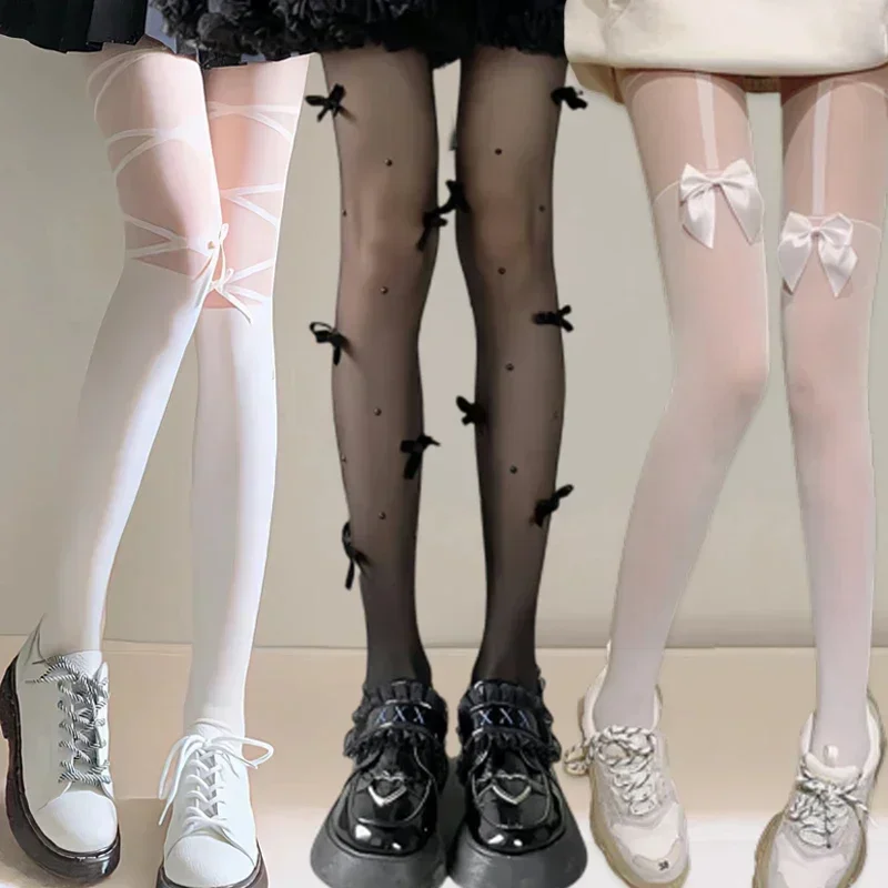 ผู้หญิงเซ็กซี่ถุงน่องสีดํา Vintage Y2K ผีเสื้อพิมพ์ผ้าไหม Pantyhose สาว Lolita ฤดูร้อนบางต้นขาสูงถุงน่อง