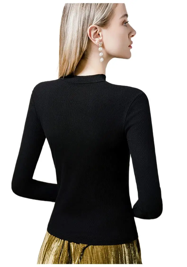 Boweylun Mezza dolcevita Maglia con giunture sul fondo Camicia da donna Primavera e autunno T-shirt a maniche lunghe filettata sottile Donna