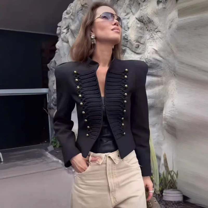 

Women's Cropped Stand Collar Metal Button Trim Shoulder Padded Blazer Vintage Versatile Jacket Spring Autumn