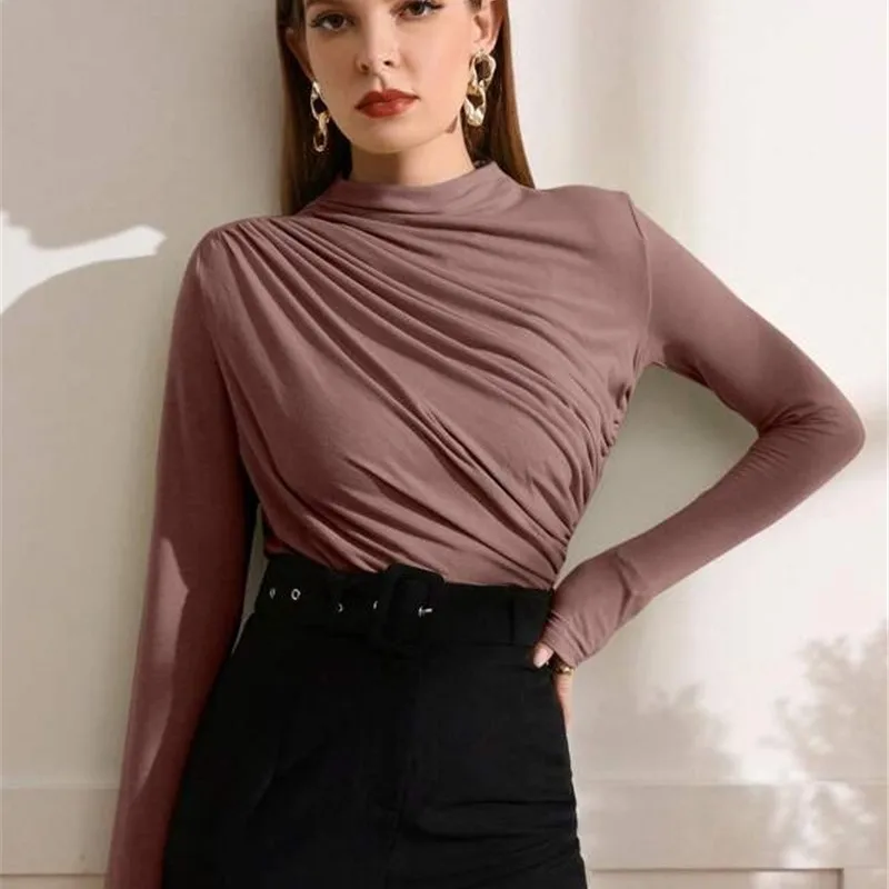 Small High Neck Design Pleats Versatile Pullover Long Sleeved Polyester T-shirt Women Vestiti Donna Roupa Feminina Woman T Shirt