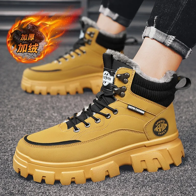 2024Mens Winter Plush Ankle Boots Warm High Top Cotton Boots Casual Sneakers British Style Work Boots Designer Motorcycle Boot