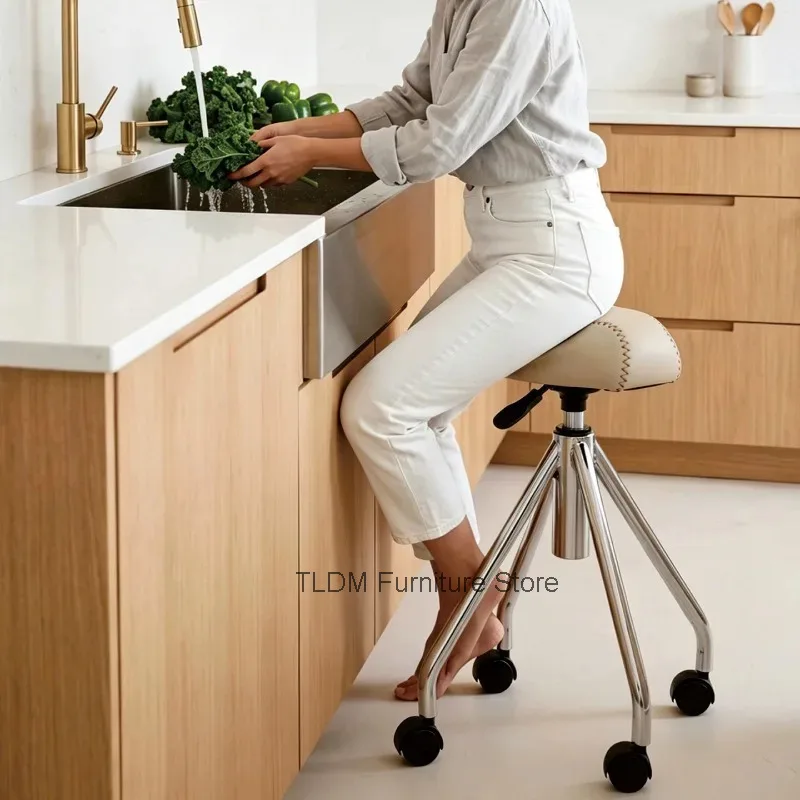Ergonomic Saddle Shape Rolling Stool PU Cushion Chrome Tripod Frame Silent Rotate Casters Height Adjustable Kitchen Stool