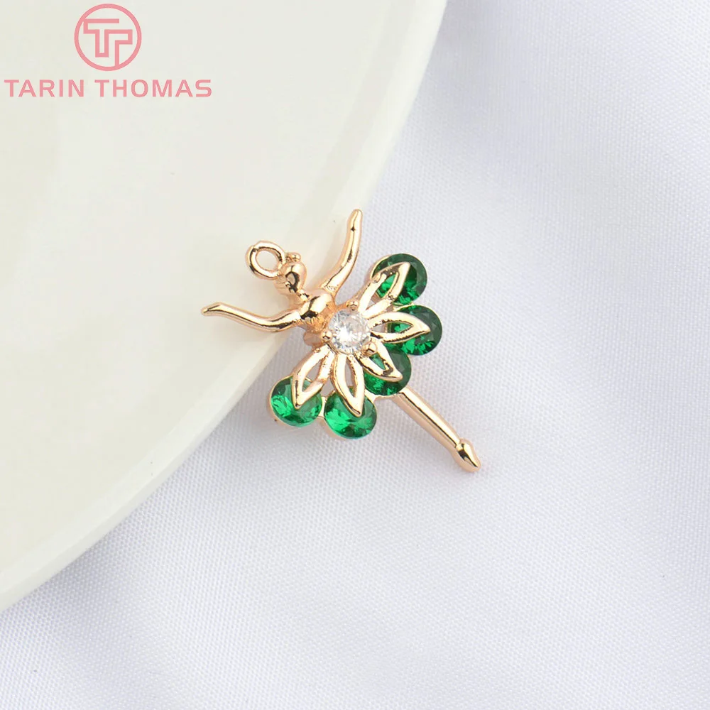 (4858) 10PCS 14.5x21MM 24K Champagne Gold Color Brass with Zircon Ballet Girl Pendants High Quality Jewelry Making Findings