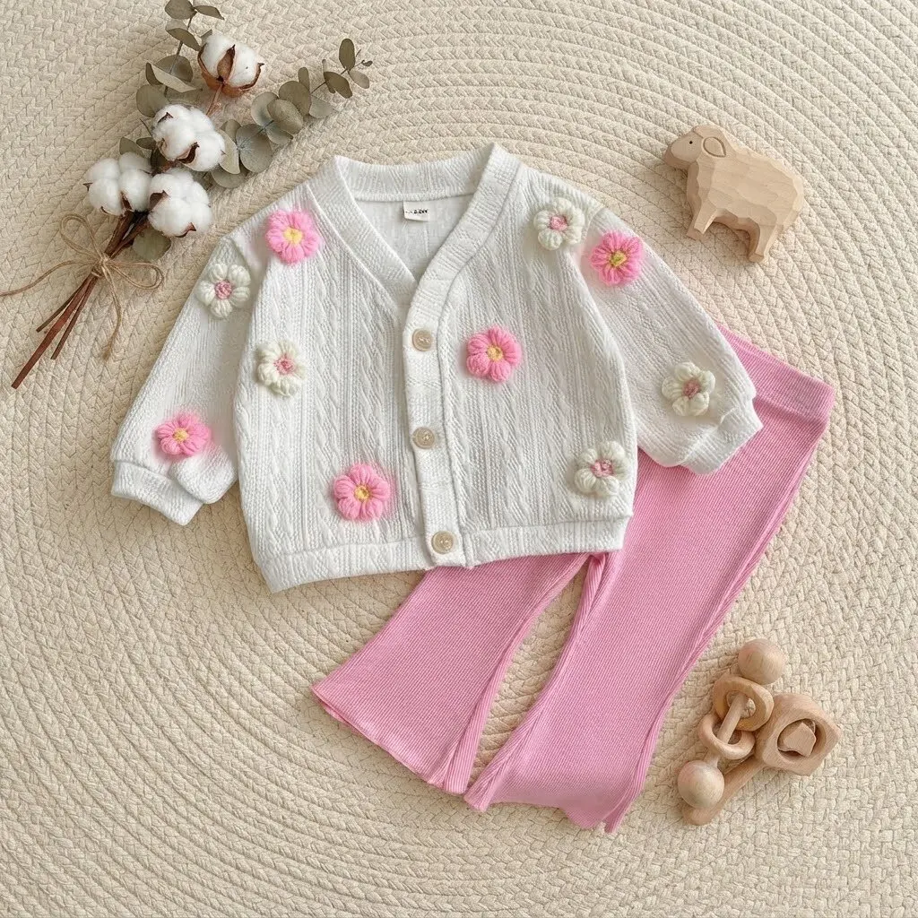 Baby Girls 2Pcs Outfit Spring Knit Cardigan with 3D Flower Applique + Pink Flare Pants Toddler Cute Clothing Set