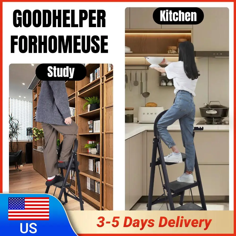 

Трехступенчатая складная лестница-стремянка: прочная и портативная, выдерживает нагрузку до 150 кг, с широкими ступенями для автодомов, чердаков и повседневного использования дома