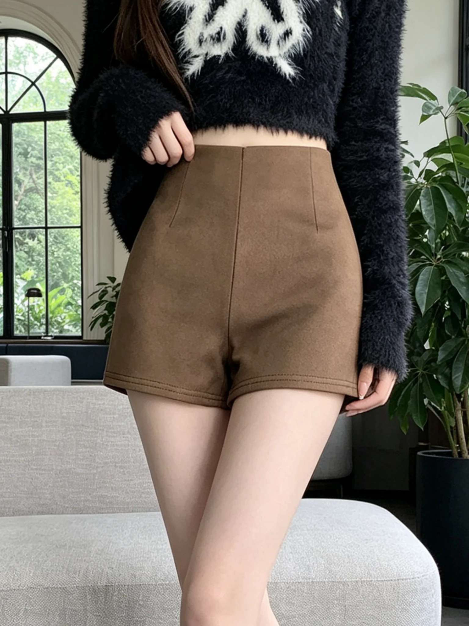 Black Elastic High Waist Suede Shorts A-Line Wide Leg Boot Pants Sexy Girl Style Casual Trousers for Women Autumn Winter New