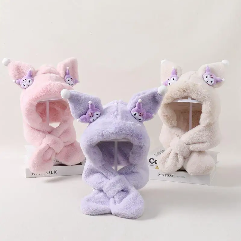 Sanrio chapéu cachecol anime kuromi chapéu e cachecol tudo em uma menina engrossar cachecol presente kawaii bonito criança cachecol de pelúcia chapéu de proteção de orelha