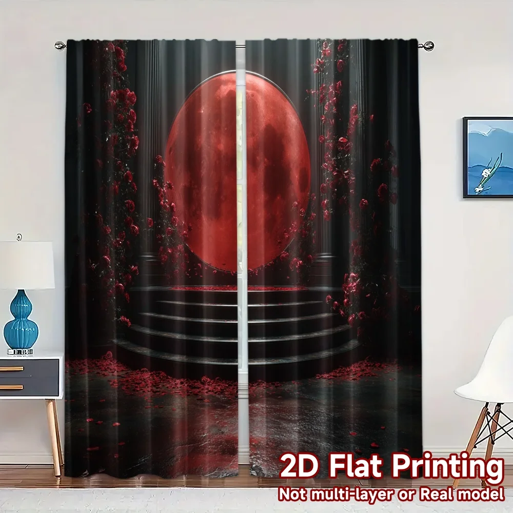 2pcs, 2D FLAT PRINTING Curtains (Without Rod) Red Moon Ceremony Chic Contemporary Curtains Fabric Curtains Outdoor Decorations