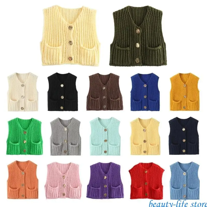 

Trendy Women's Cropped Neck Sweater Vest Comfortable Knit Outerwear 517D