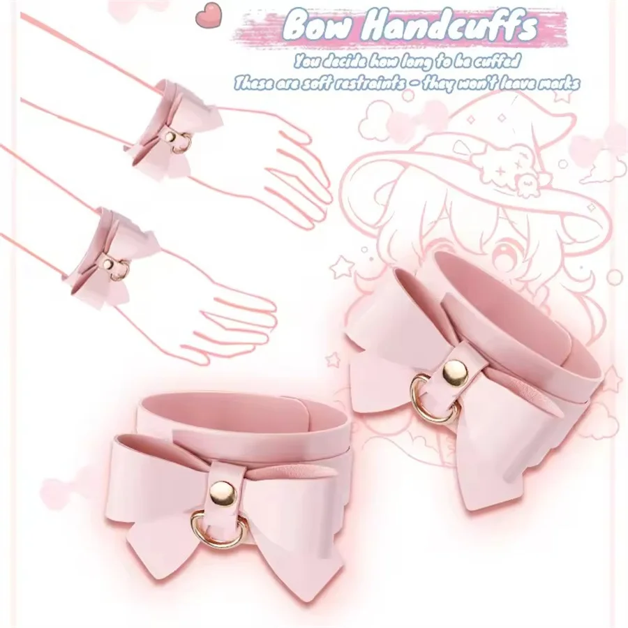 BDSM Cute Bow Themed Bondage Sets Cosplay Adult Games Leather Handcuffs Ankle Cuffs Mouth Gag Whip Collar Sex Toys For Women view 3