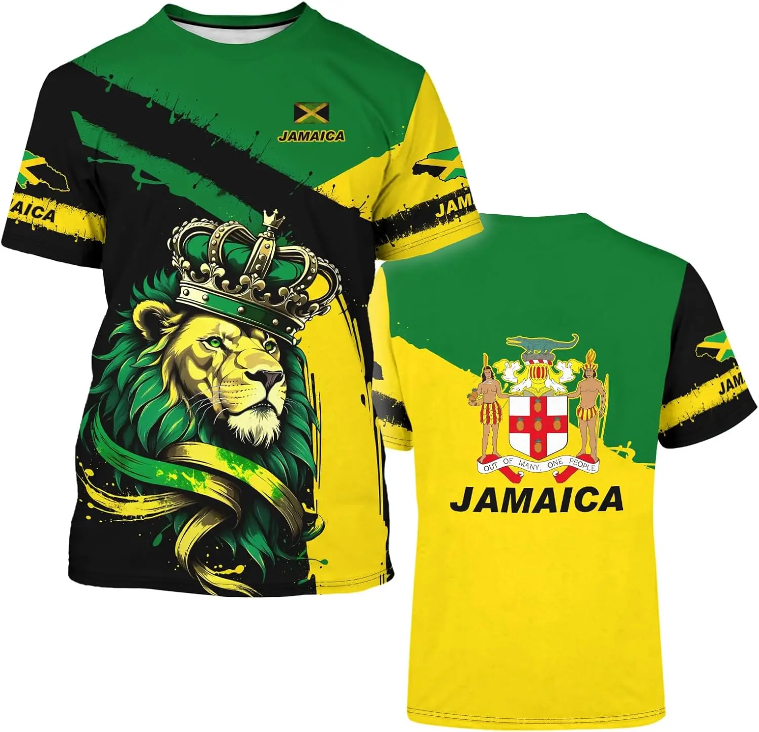 تي شيرت BJU بعلم جامايكا تي شيرت أسد مطبوع برقبة دائرية وأكمام قصيرة كاجوال رياضي للجنسين