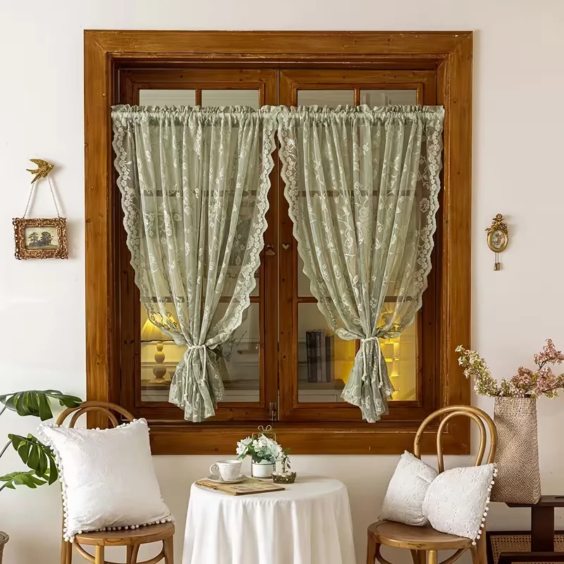 1pc Morandi Green Lace Half Curtain, Ruffled Hem, Rental Kitchen Bathroom Window Sheer