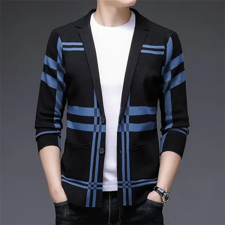 

New Designer Luxury Brand Casual Fashion Plaid Slim Fit Mens Knitted Blazer Suite Jacket Elegant Top Quality Mens Clothing 2024