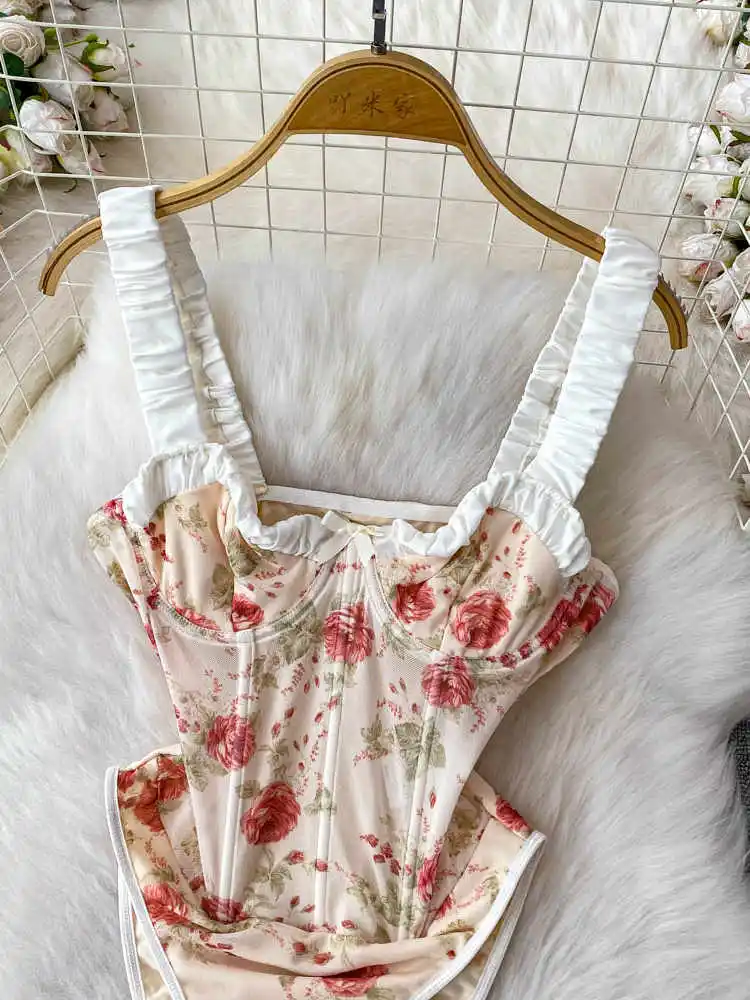 Women's Playsuits Vintage Overall Off Shoulder Skinny Flower Print Jumpsuits Exotic Sexy Rompers Coquette Clothing 2025 Summer