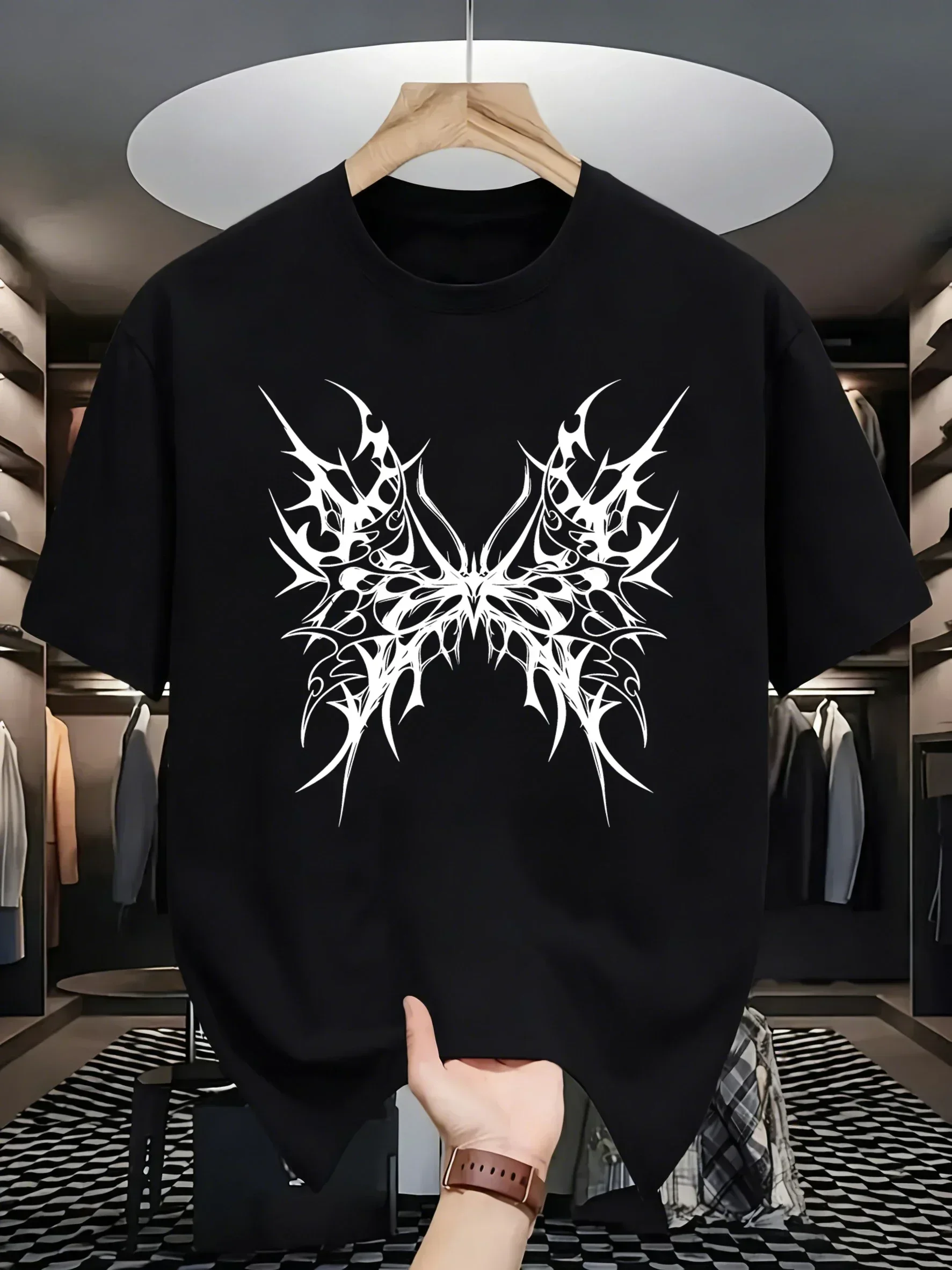 Thorn Butterfly Wings Printed Mans Hip Hop O-Neck Clothes All-Match Cotton Short Sleeve Oversized Summer Streetwear Casual Tops
