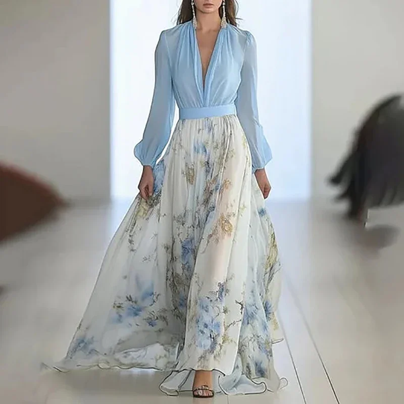 

Fashion Floral Print Patchwork Bohemian Dress Woman Sexy Deep V Neck Hollow Long Dresses New Spring Puff Sleeve Loose Maxi Dress