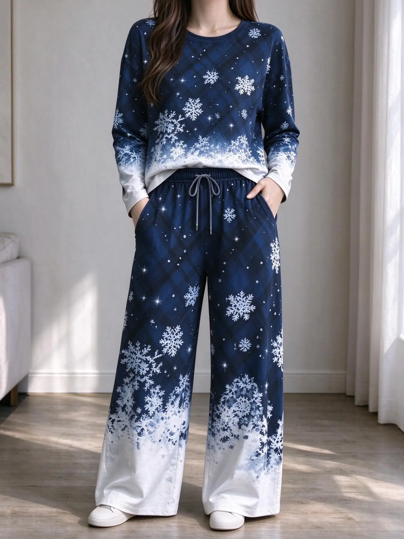 Women Imitation Cotton Pajama Set Navy Blue Gradient Plaid Snowflake Print Round Neck Long Sleeve 2PCS Sleepwear Loungewear
