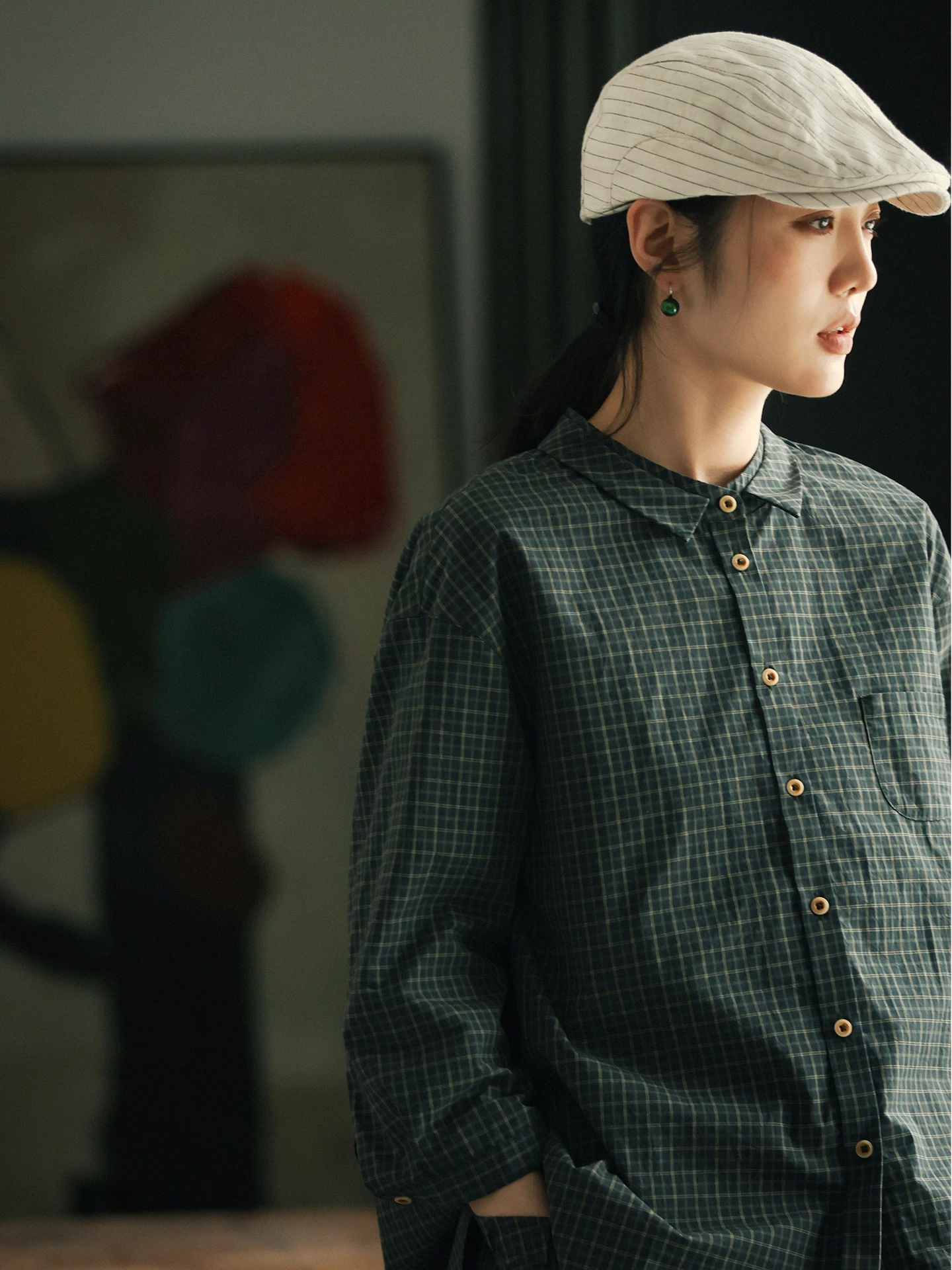 

Женская блузка из хлопка с высоким плотом волокон, тонкая, с рукавом три четверти, в клетку, для весны и лета, повседневный стиль