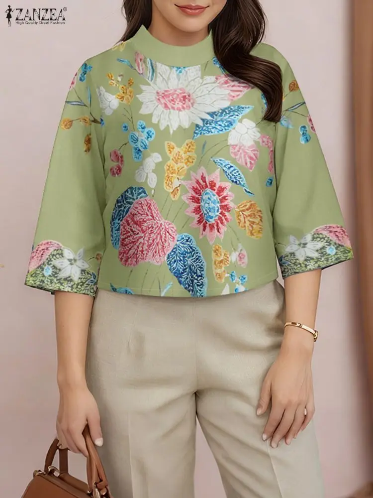 ZANZEA بلوزة بوهيمية مطبوعة بالزهور لخريف 2025 للسيدات بياقة واقفة 3/4 كم قمصان فضفاضة أنيقة تونك علوية كبيرة الحجم Blusa