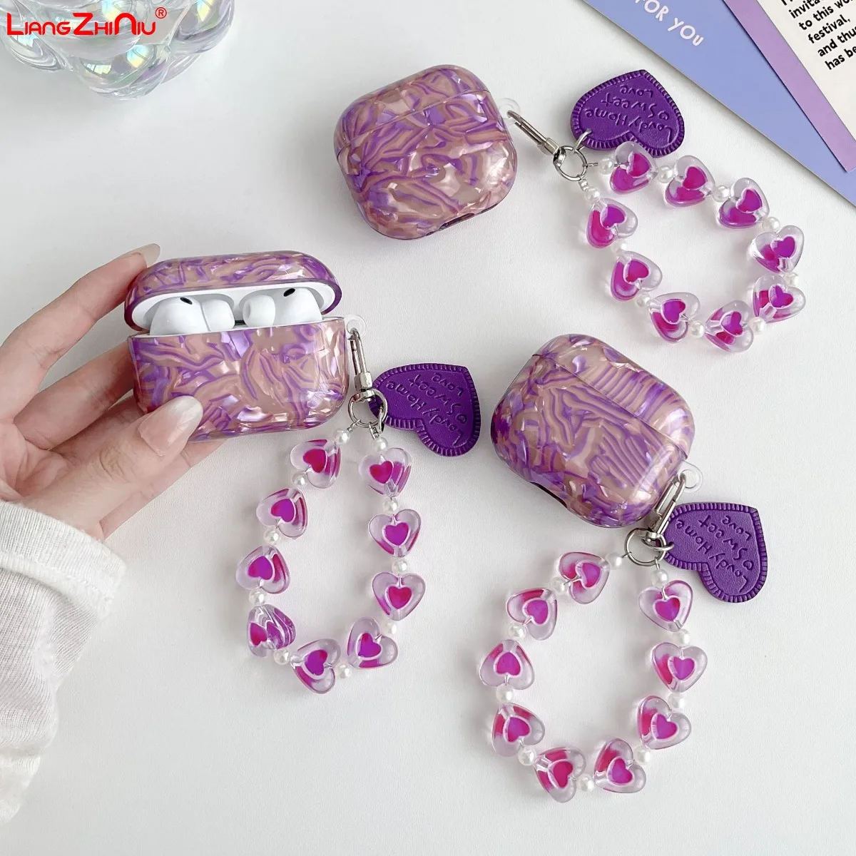 

Чехол для наушников AirPods Pro 3 (2025) женский, цветной, фиолетовый, с браслетом-сердечком, для AirPods 4 3 2 1 Pro1/2