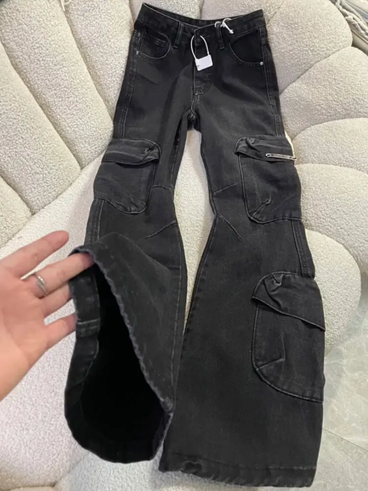 

Women Retro Multi Pocket Design Black Jeans Spring Autumn New Spicy Girl Street Style Hight Waist Loose Work Denim Pants