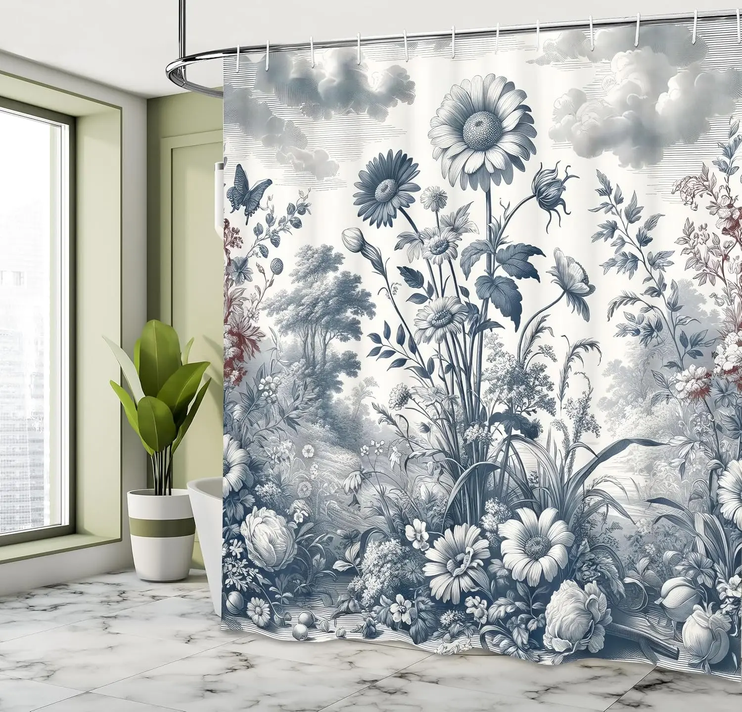 

Занавеска для душа с цветочным эвкалиптом, дикий цветущий луг в винтажном стиле с гравировкой, ботаническое искусство, тканевая ткань для ванной комнаты