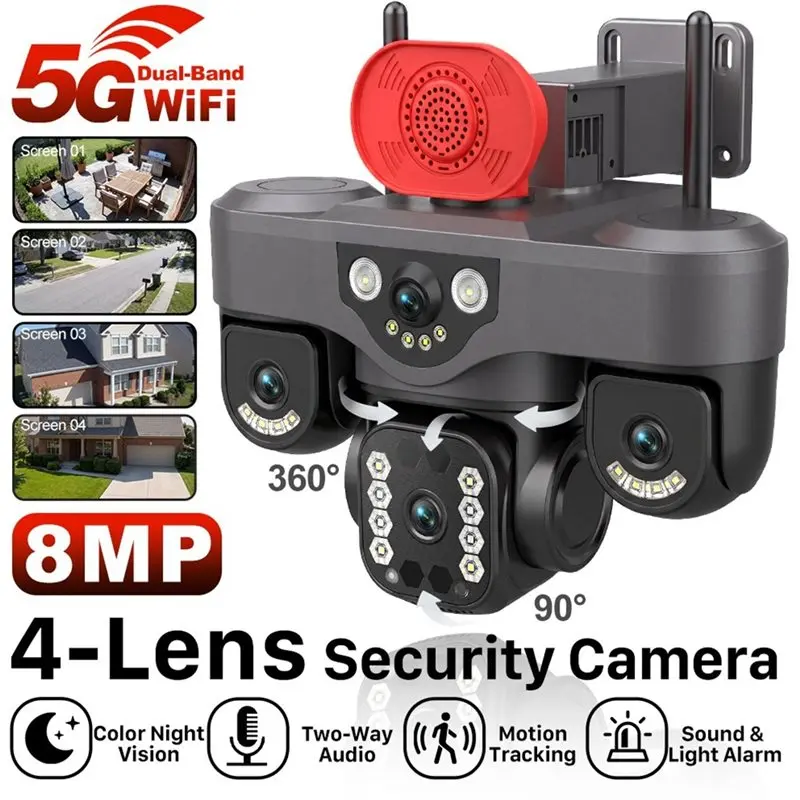 24-hour delivery Outdoor AI Tracking 8MP Wifi IP Camera 4-Lens 4-Screen Wireless PTZ Security CCTV Video Surveillance EU Plug
