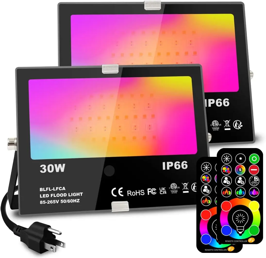 

30W RGB Color Changing LED Flood Light, 300W Equivalent, Remote Control, IP66 Waterproof, 2-Pack